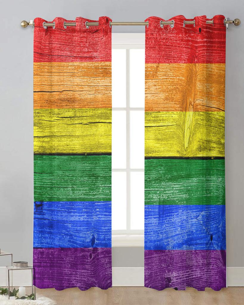 Lgbt Pride Rainbow Wood Sheer Curtains for Living Room Decoration Window Curtains for Kitchen Tulle Voile Organza Curtains