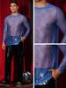 Lars Amadeus Glitter Mesh Long Party Size S Men's T-Shirt, See-Through, Sleeve, Clubwear, Tee, Blue,