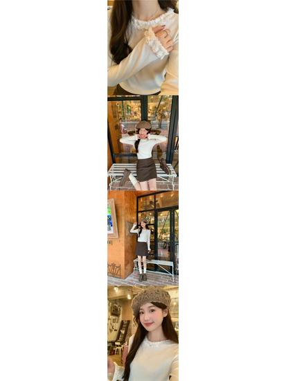 De Róng Women's Korean Style Knit T-Shirt - Autumn Lace Round Neck Slim Fit Base Layer