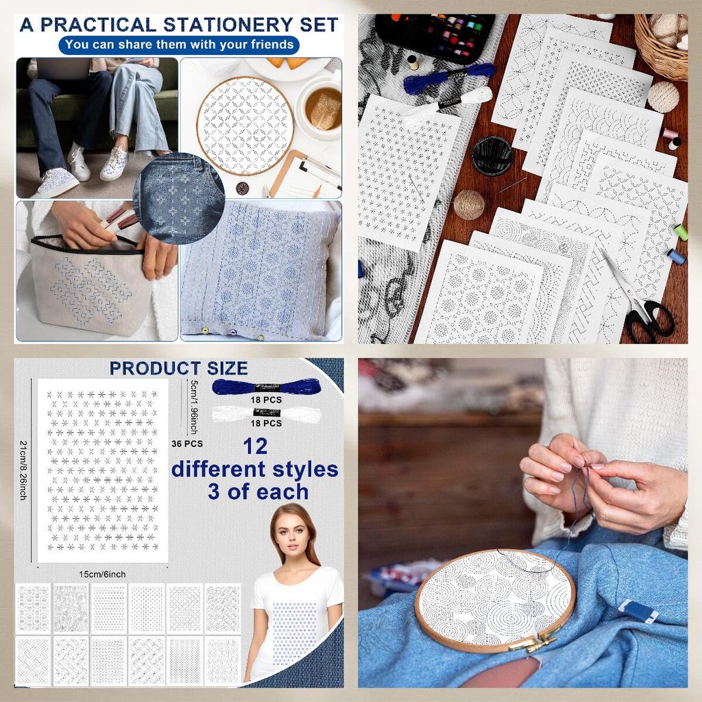 Set di 108 pz. di Modelli per Ricamo Sashiko Stabilizzatori Stencil Trasferimento Ricamo Idrosolubili Stabilizzatori Carta Adesiva per Ricamo