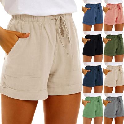 Heißer Verkauf Damen Einfarbige Baumwolle und Leinen Tasche Träger Hohe Taille Freizeitshorts