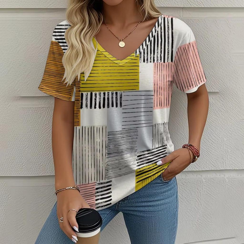 Summer V-neck 3D Color Blocking Printed Top Fashionable Casual Short Sleeved Women's T-shirts