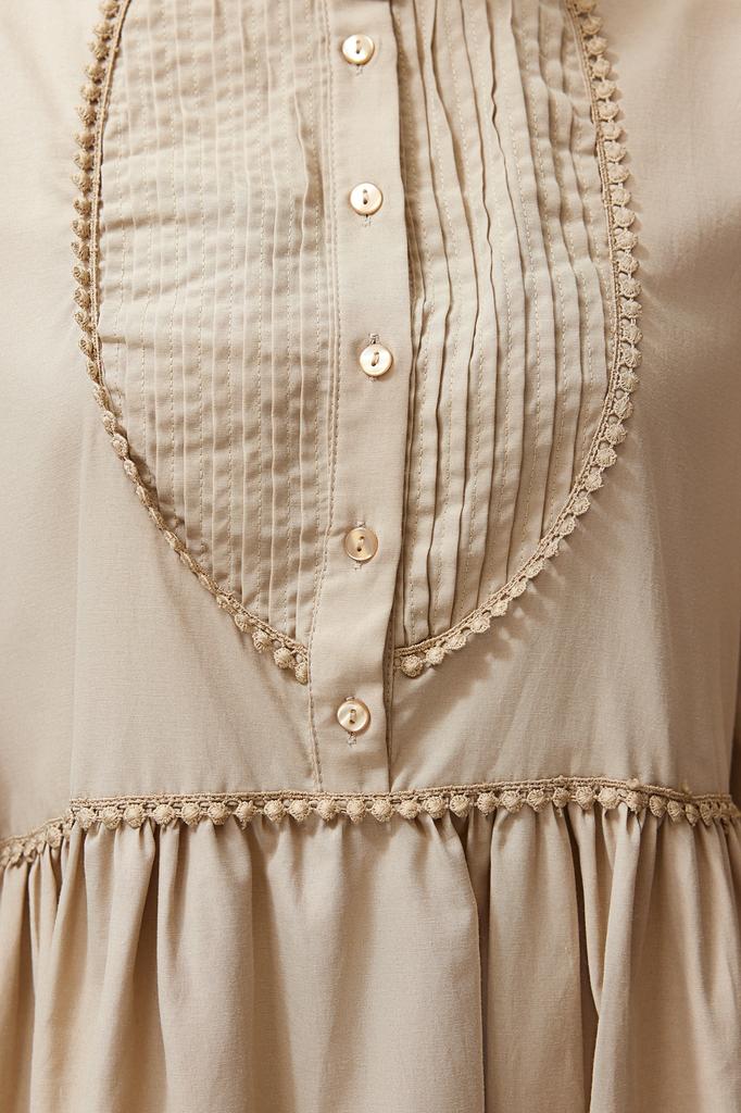 Women's Fashion New Hijab Dress Mink High Collar Balloon Sleeve Button and Piping Detailed Woven Dress