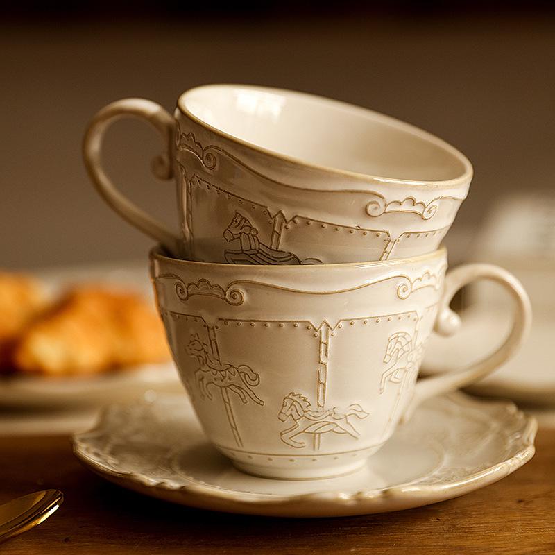 French Retro Embossed Ceramic Coffee Cup & Saucer Set for Afternoon Tea or Latte Art