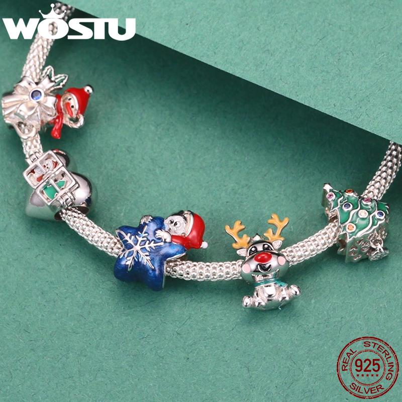 WOSTU 100% 925 Sterling Silver Christmas Tree Bead CZ Santa Claus Charm Snowman Pendant DIY Bracelet Necklace Original Jewelry