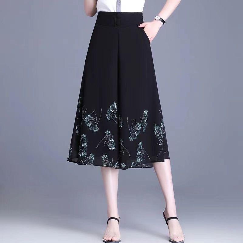 Summer Women's Thin Chiffon Printed High Waist Wide Leg Pants Casual Skirt Pants Commute Sle Korean Faion