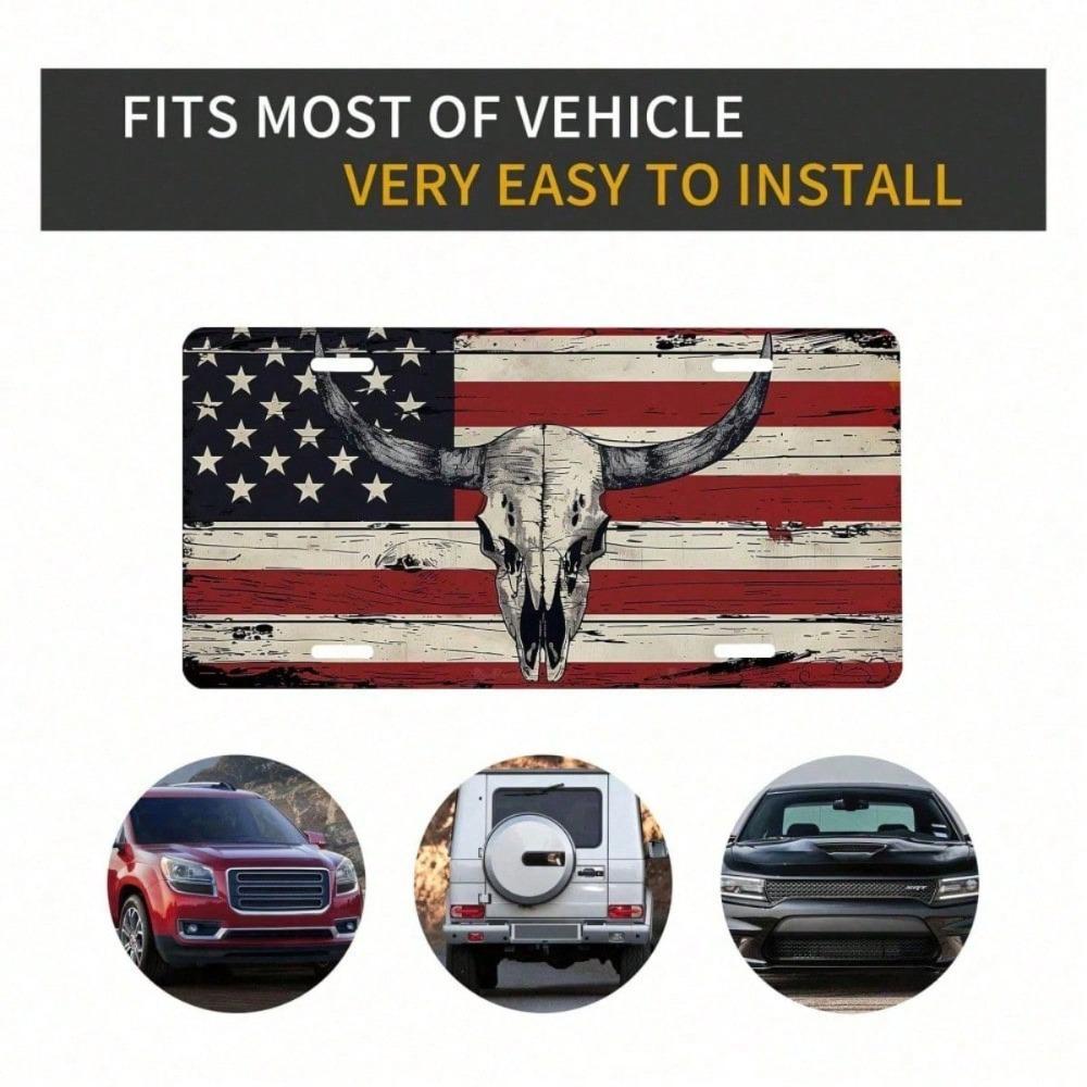 American Flag Longhorn Cow Skull License Plate, 5.9x11.8 Decorative Aluminum Car Tag, Patriotic Front Plate