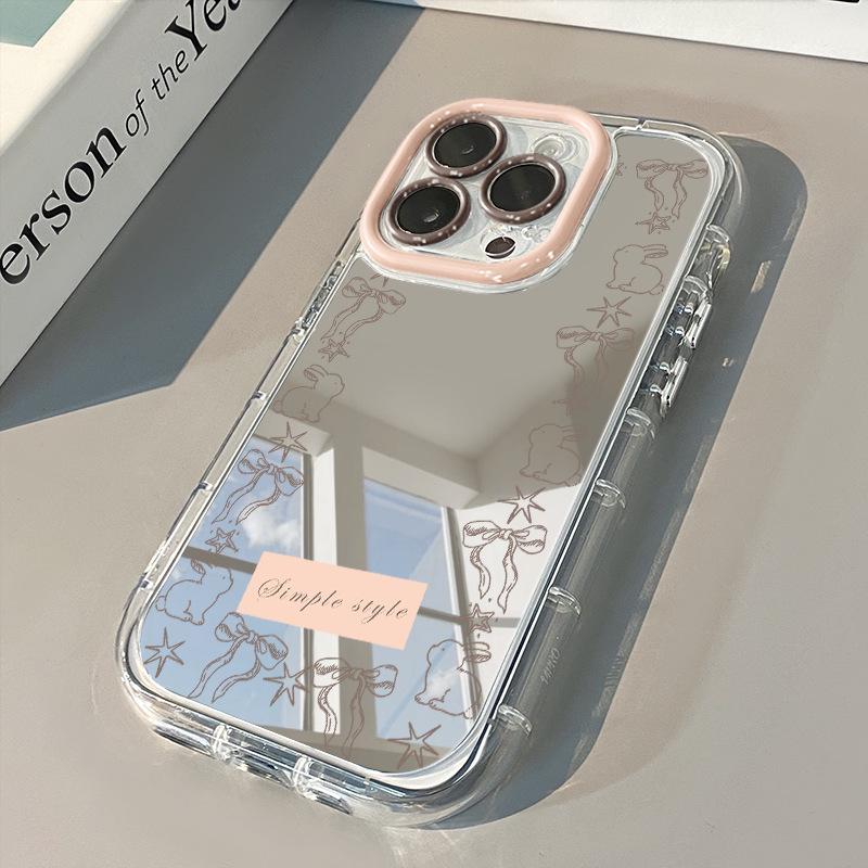 Strikje Konijn iPhone Hoesje: Compatibel met Apple 17 Pro Max, 16, 15, 14 - Schattig Spiegel Crème Shell Ontwerp