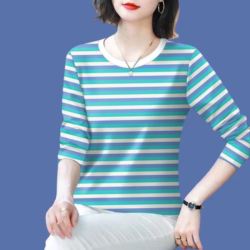 Striped Long Sleeve T-Shirt Polyester Round Neck Loose Fit