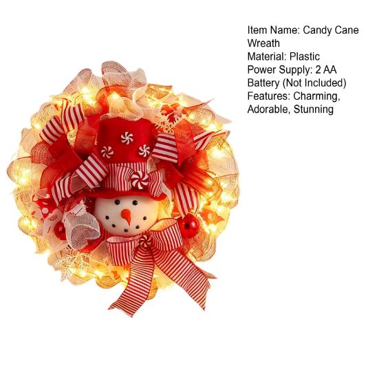 Christmas Snowman Wreath for Front Door Light Up Red/Blue Mesh Ribbon Candy Cane Wreath with Snowman Doll for Winter Home Wall Decor