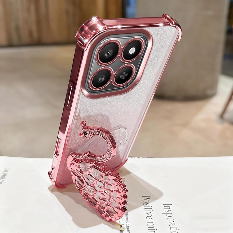 KEYSION Shockproof Plating TPU Phone Case for HONOR X7d 5G Glitter Jewelled Swan kickstand Back Cover for Honor 400 Smart 5G