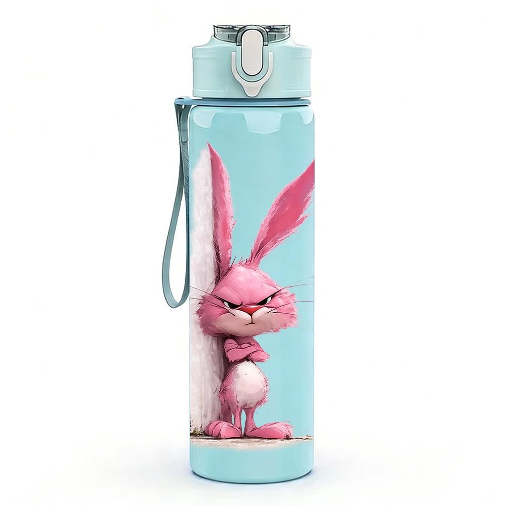 1PC Pink Long Ear Bunny Cartoon Print 750ml Color Plastic Sports Water Bottle Leakproof Flip Straw Lid Suitable for Sports Office Home Use