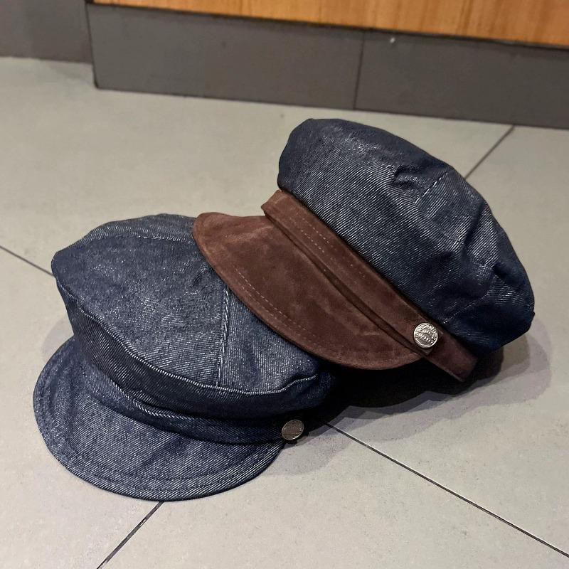 New Denim Color Matching Metal Label Flat Top Newsboy Hat Female British Beret