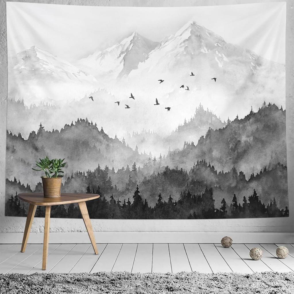 kampdream Mountain Forest Tapestry, Misty Foggy Teal Blue Tree Landscape Watercolor Art Wall Tapestries, Nature Scenery Tapestry
