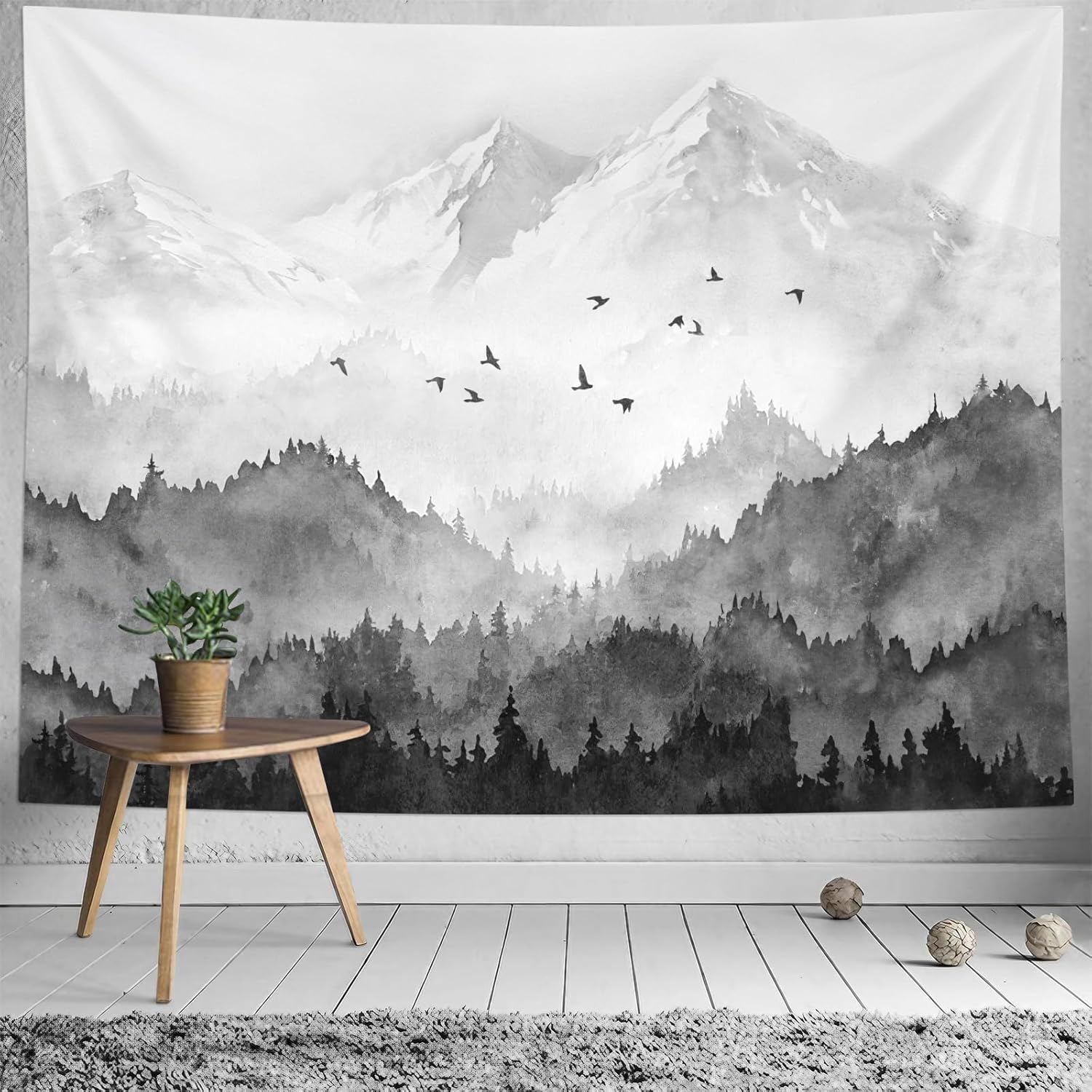 kampdream Mountain Forest Tapestry, Misty Foggy Teal Blue Tree Landscape Watercolor Art Wall Tapestries, Nature Scenery Tapestry 180x230cm