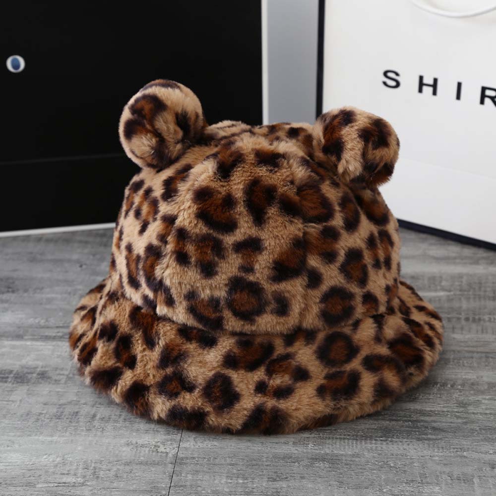 Thick Girls Bear Ears Leopard Autumn Winter Korean Fisherman Hat Basin Hat Plush Bucket Hats
