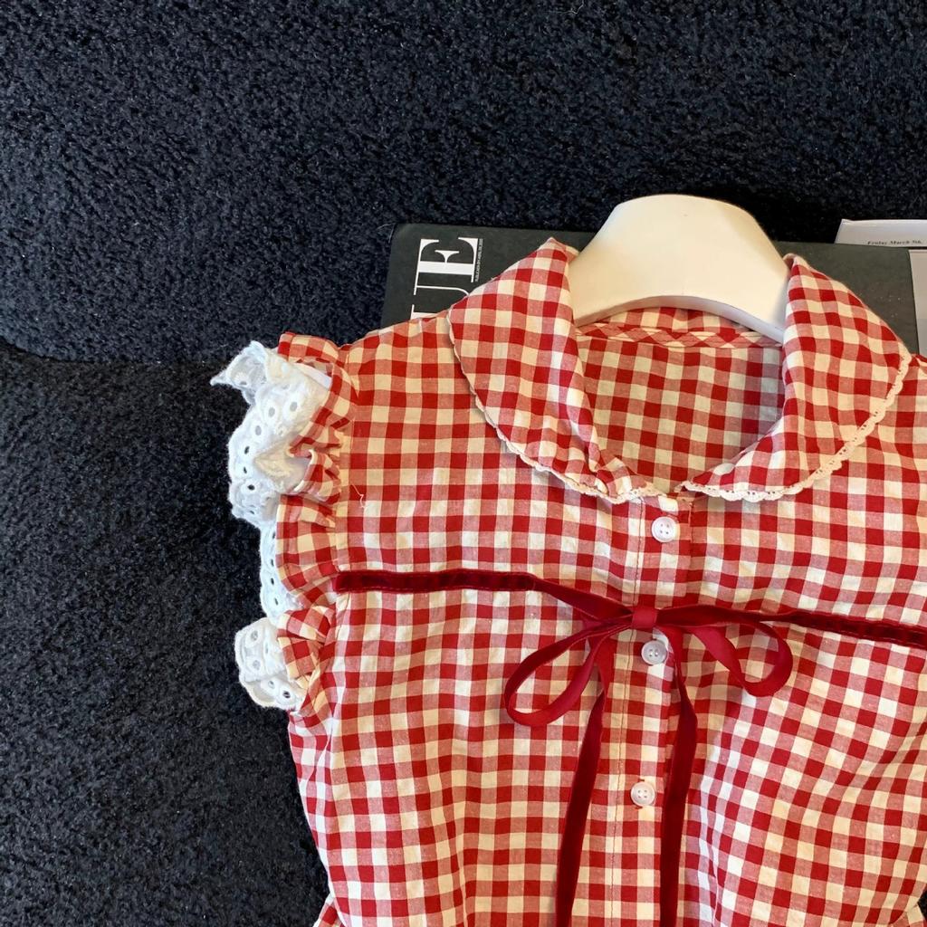 Korean retro red plaid short-sleeved shirt women's summer new small French doll collar beautiful top trendy