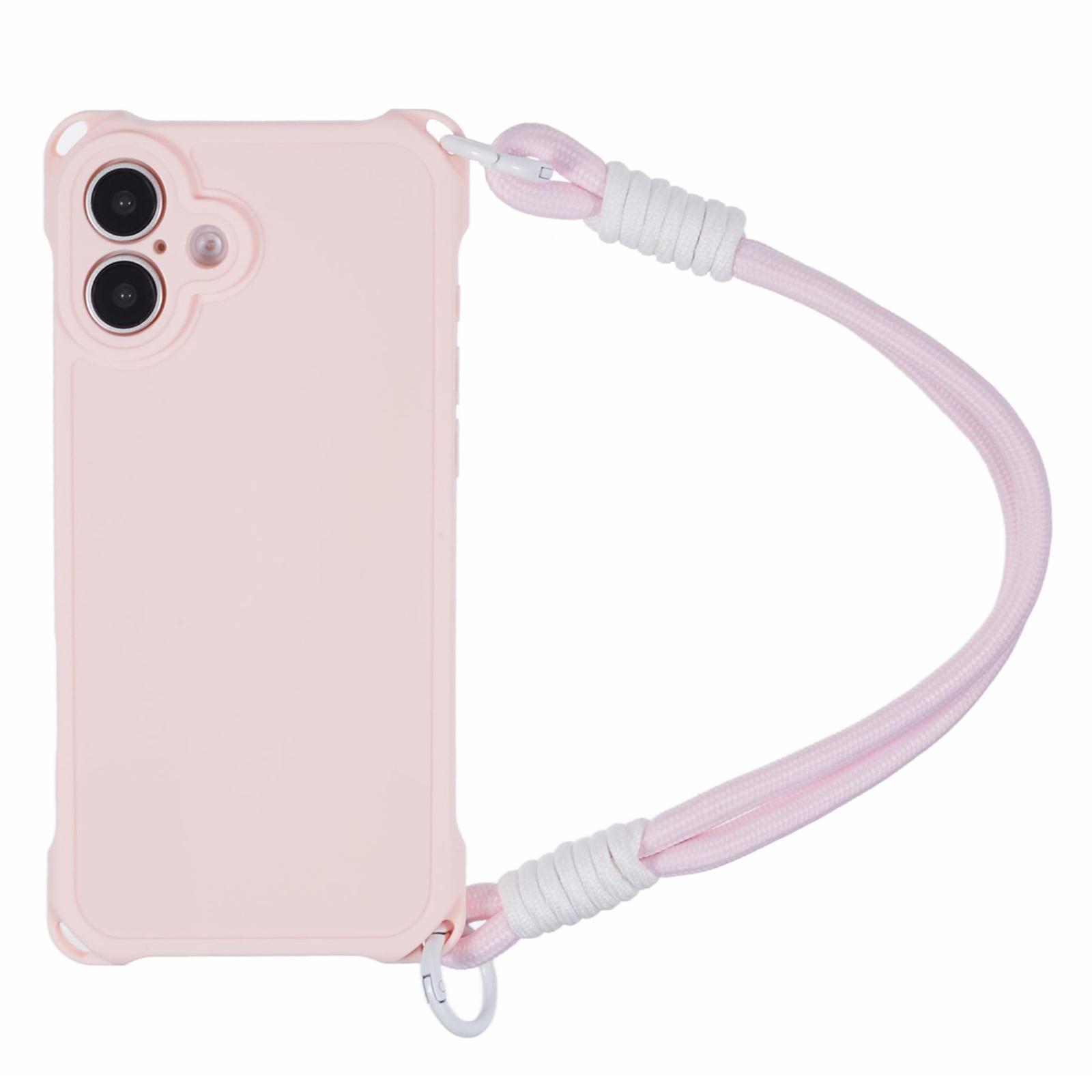 

For iPhone 16 Case Reinforced Corner Shockproof TPU Phone Cover with Wrist Strap Pink