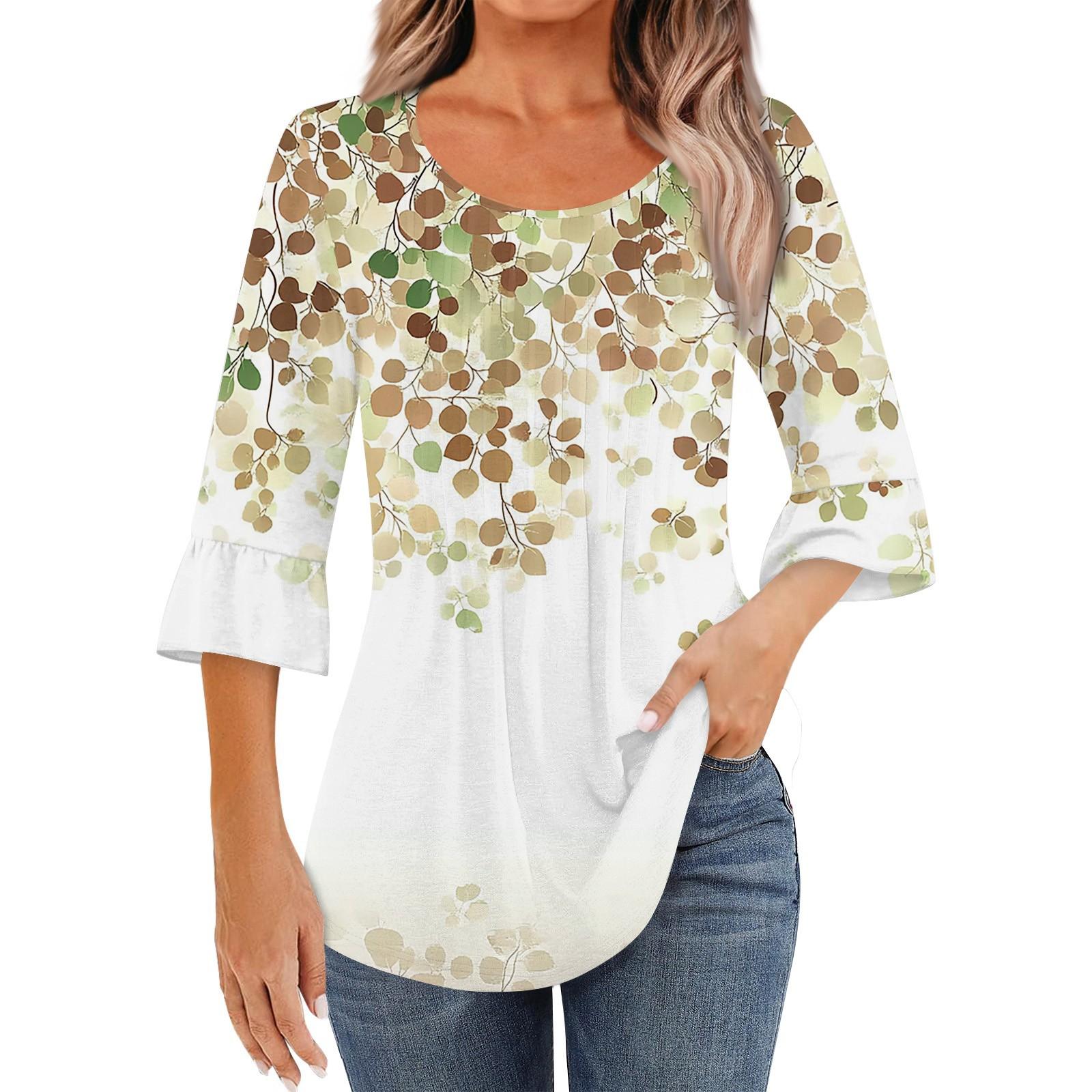 

Женская модная повседневная плиссированная футболка с круглым вырезом и цветочным принтом, рукав три четверти M коричневый