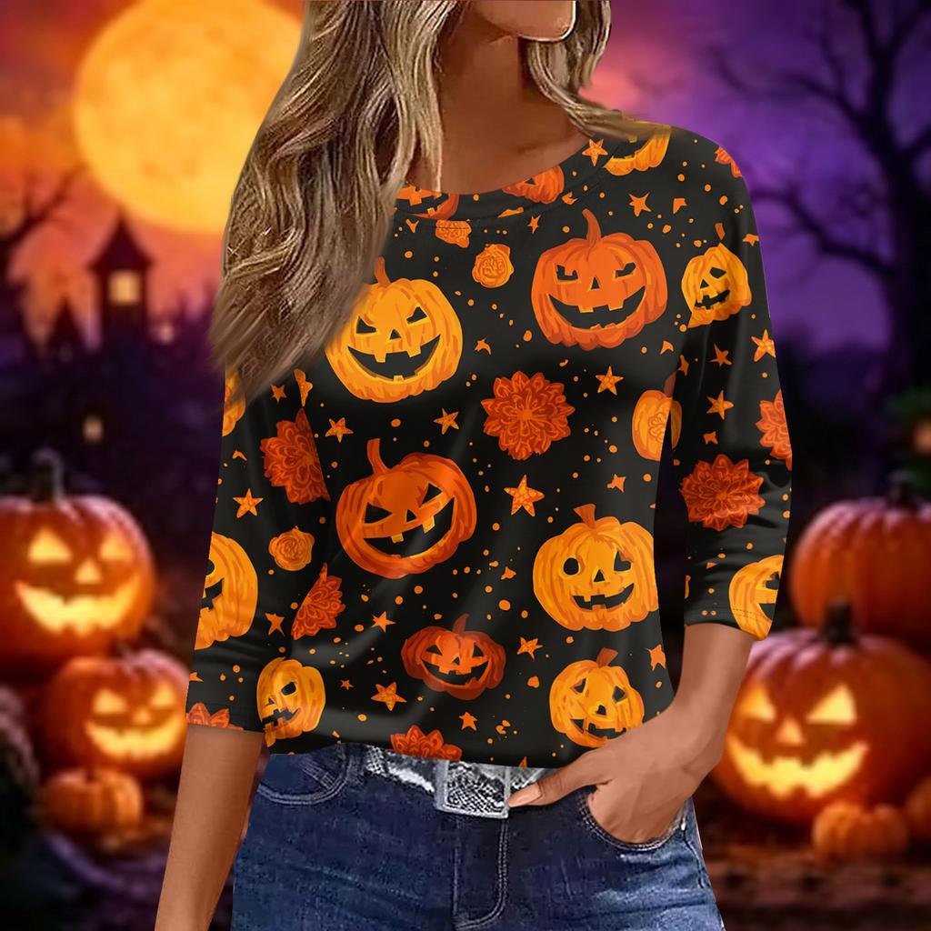 Women's Halloween and Pumpkin Print Short Sleeve Round Neck T-Shirt Casual Pullover Top