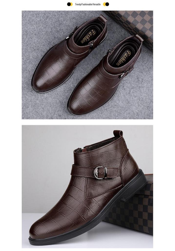 Men's Slip-On High-Top Cowhide Ankle Boots - Plus Size, Velvet-Lined, Warm Casual Leather Boots for Autumn/Winter.