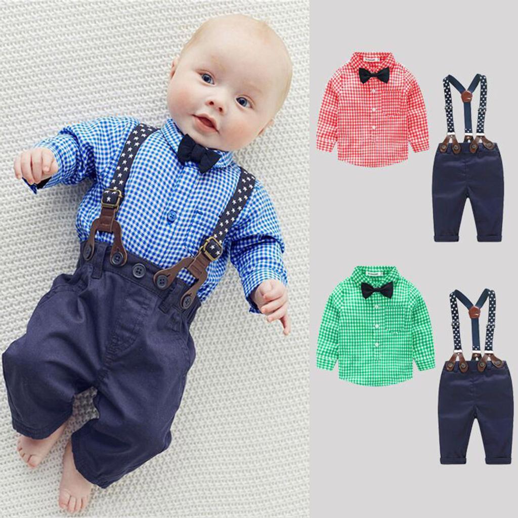 Baby Boys Clothes Set Infant Kids Gentleman Suit Tops+Pants Suspender Outfits