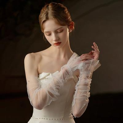 Lace Bridal Long White Gloves White Versatile Fake Sleeves Cuffs Costume Accessory Ruffled Tulle Pearls Arm Cuffs