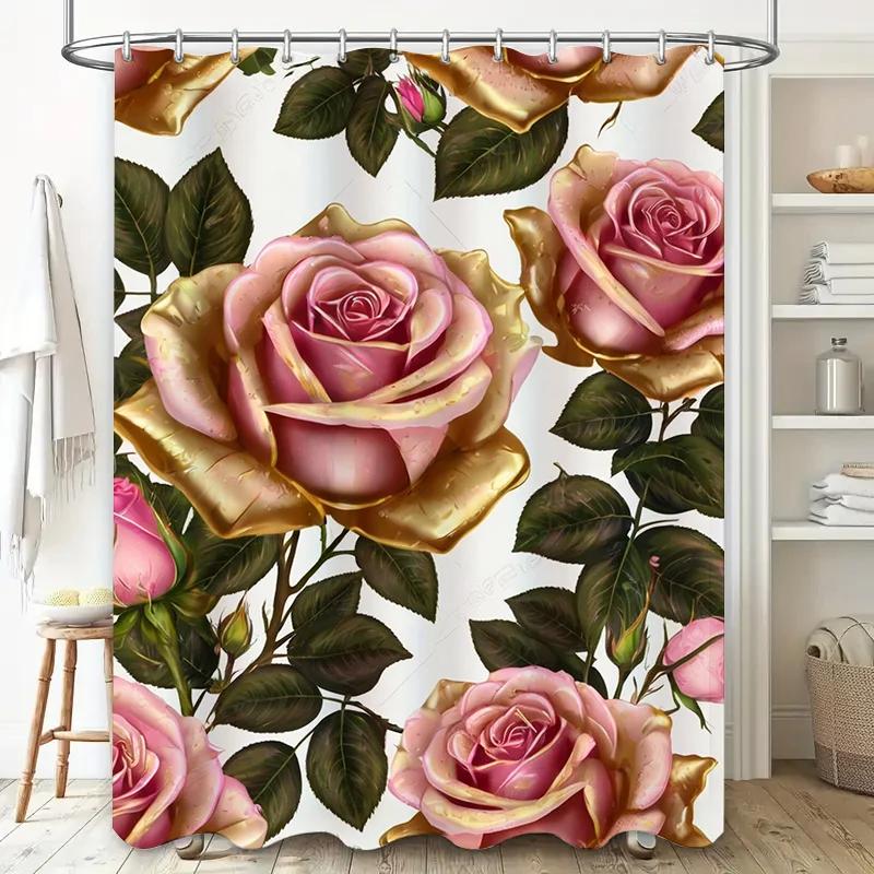 Luxuriöser Rosa Rosenblüten Badezimmer Duschvorhang Dekorieren Sie Ihr Badezimmer mit diesem schönen floralen Muster Wasserdichtes Gewebe für ein