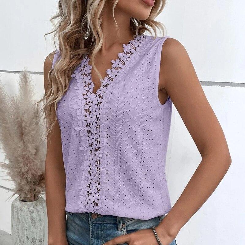 V Yaka Dikiş Seksi Hollow Dantel Kadın Gömlek Rahat Yaz Kolsuz Bluz Kadın Vintage Zarif Üstleri Moda Giyim 25894