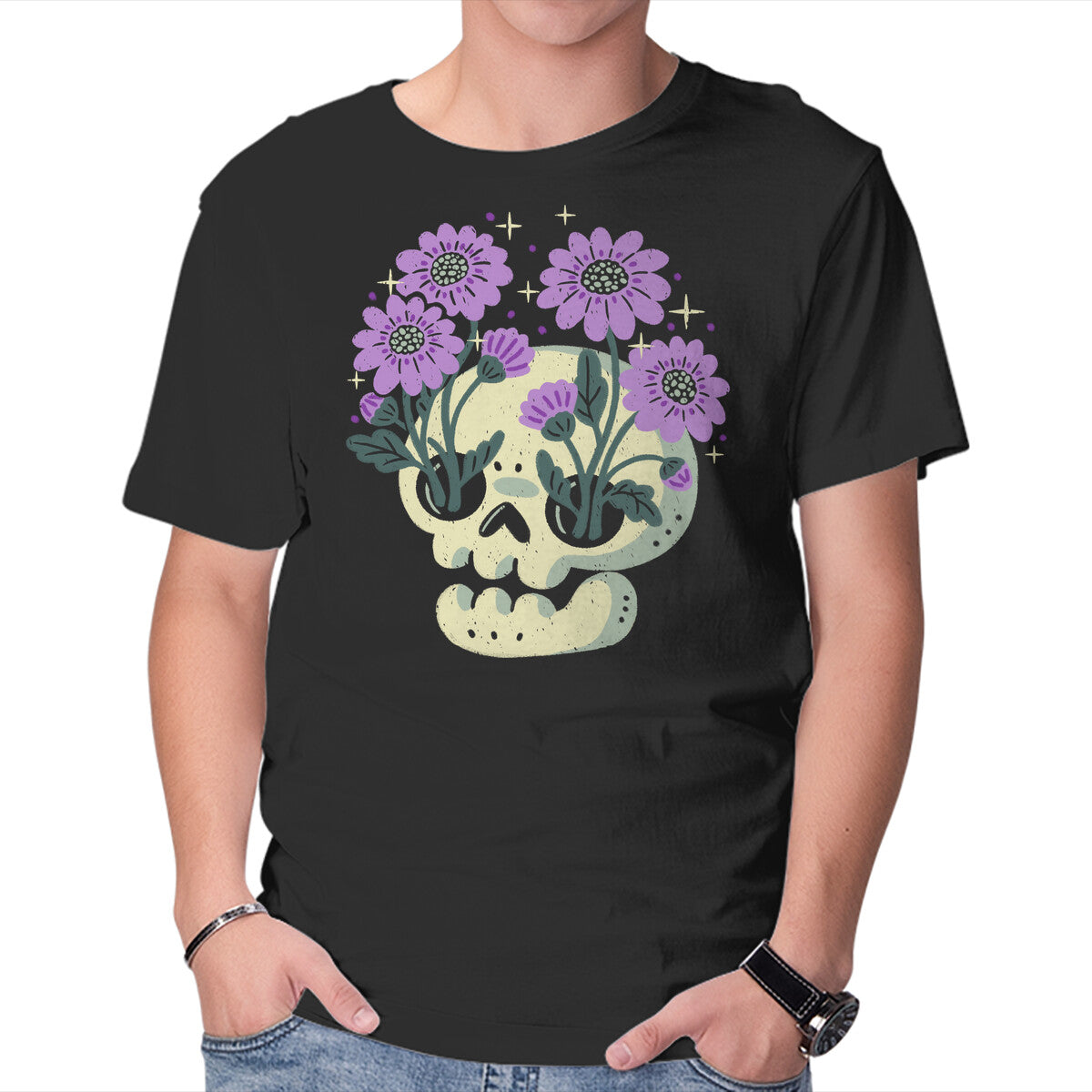 Unisex Crew Neck T-Shirt Flower Skull Graphic Short Sleeve Casual Tee XXXL