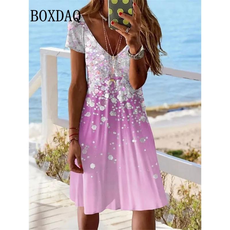 

Short Sleeve Women s New Dress Summer Pullover Fashion Plus-Size Dress Casual Loose V-Neck Ladies Summer Print Party Dress 6XL
