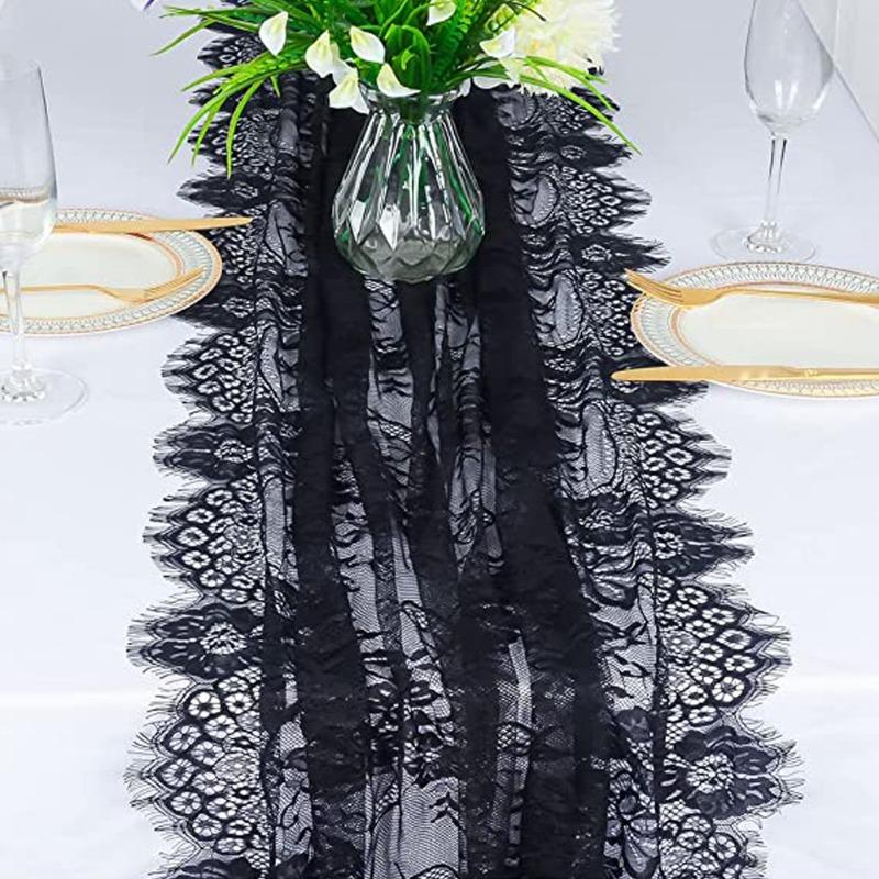 

White Floral Hollowed Out Table Runner Rectangular French Style Romantic Table Cloths Vintage Embroidered Lace Fabric Wedding Decoration Table Linen 35x300cm 1pcs чорний