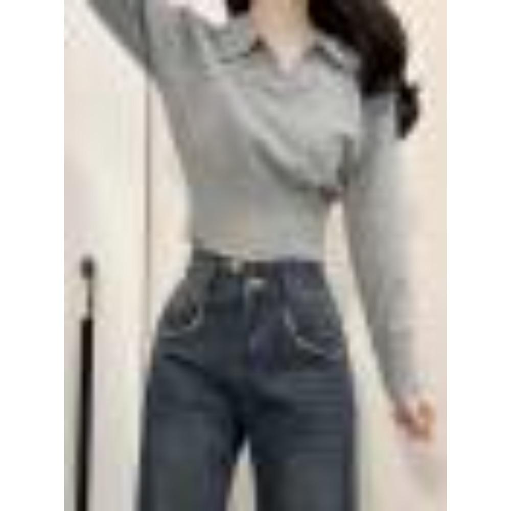 

Высококачественный трикотажный топ с длинными рукавами и отложным воротником поло для женского осенне-зимнего гардероба, прилегающий короткий свитер-базовый слой one size серый