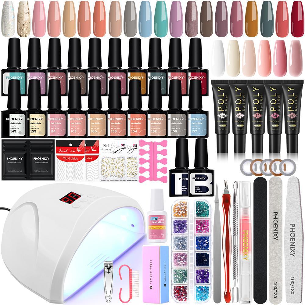 PHOENIXY Gel Nail Polish Varnish Kit with 36W Nail Dryer Lamp Poly Extension Gel Nail Art Manicure Tools Soak-off UV LED Gel Set