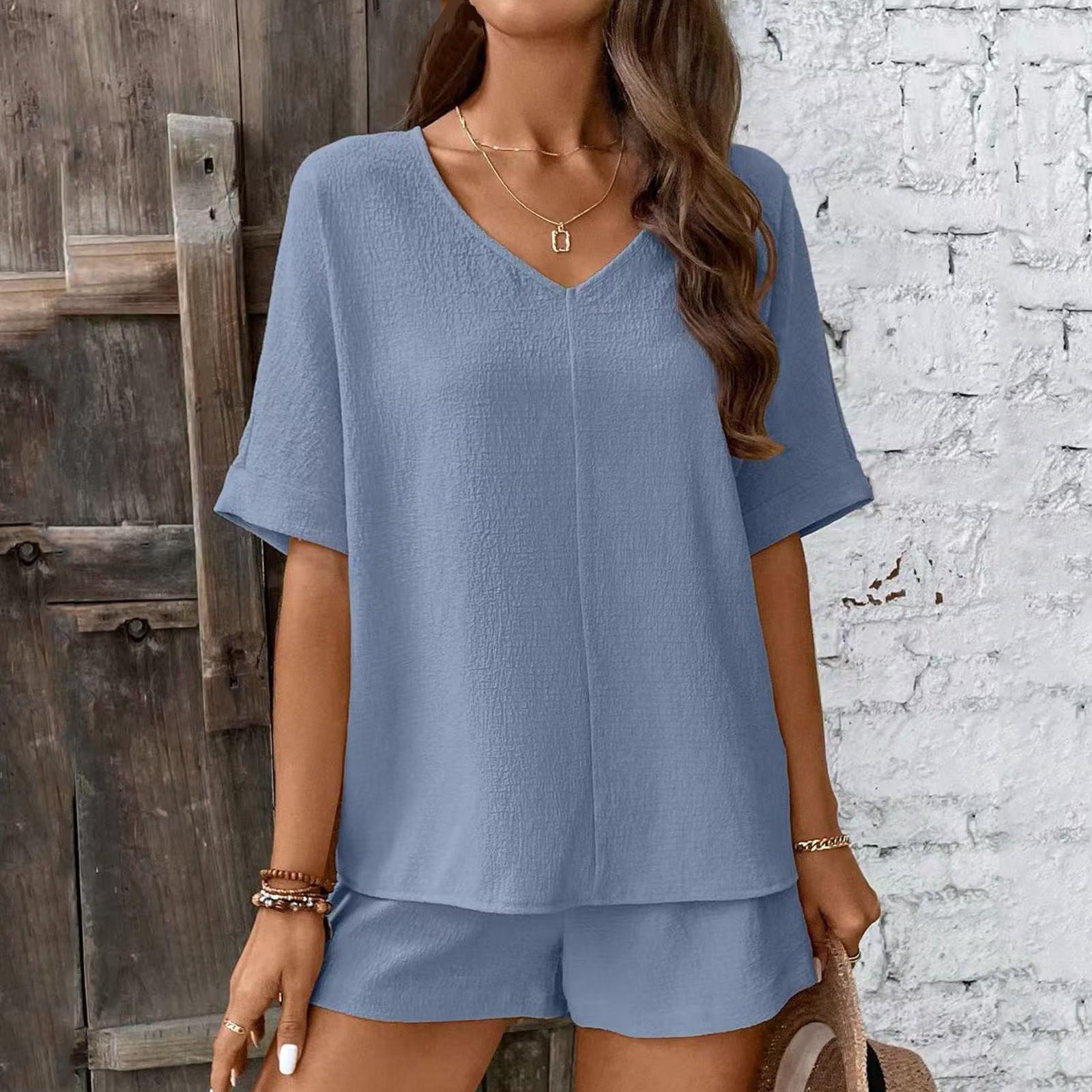 

Женский повседневный комплект для отдыха с топом с коротким рукавом и шортами на шнуровке XL