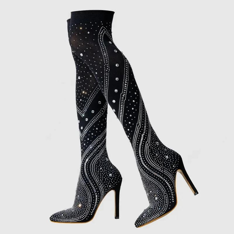 

Women Sexy Stretch Fabric High Thin Heel Boots Rhinestone Over The Knee Boots for Office Nightclub Evening Party Catwalk Show 42 чорний