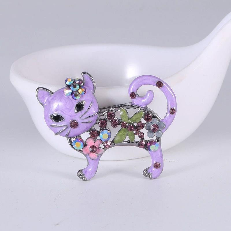 1pc Metal Women Enamel Casual Flower Animal Gifts Rhinestone Brooch Pins Cat Brooches