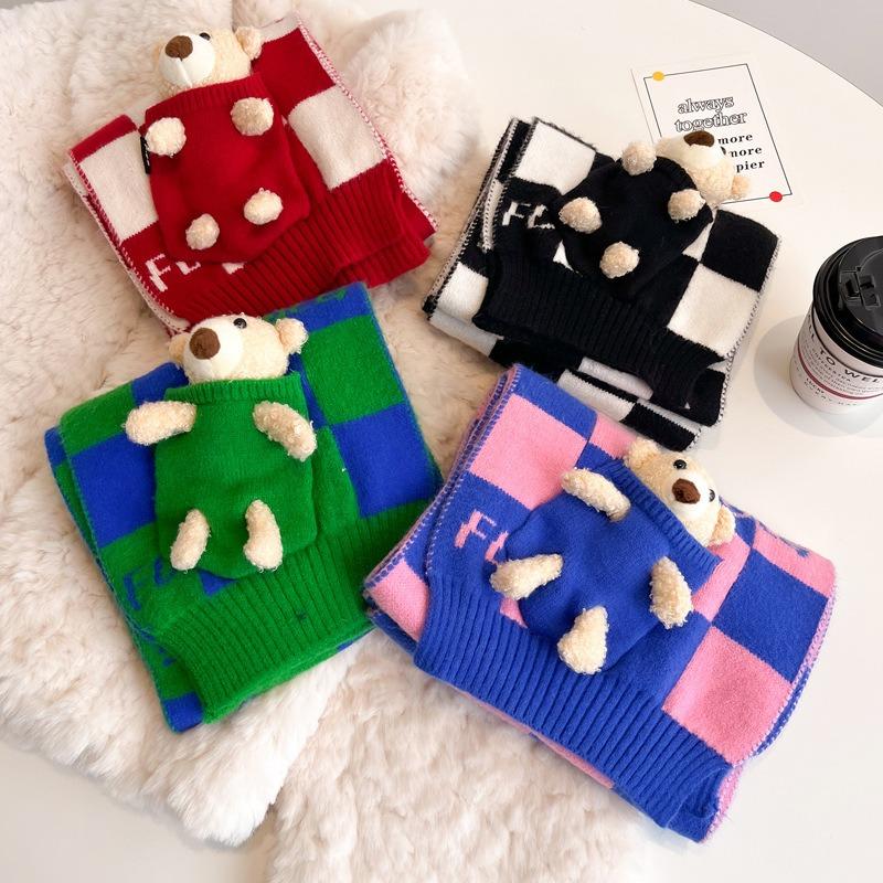 Christmas red scarf bear checkerboard wool small scarf women's winter white warm knitted scarf