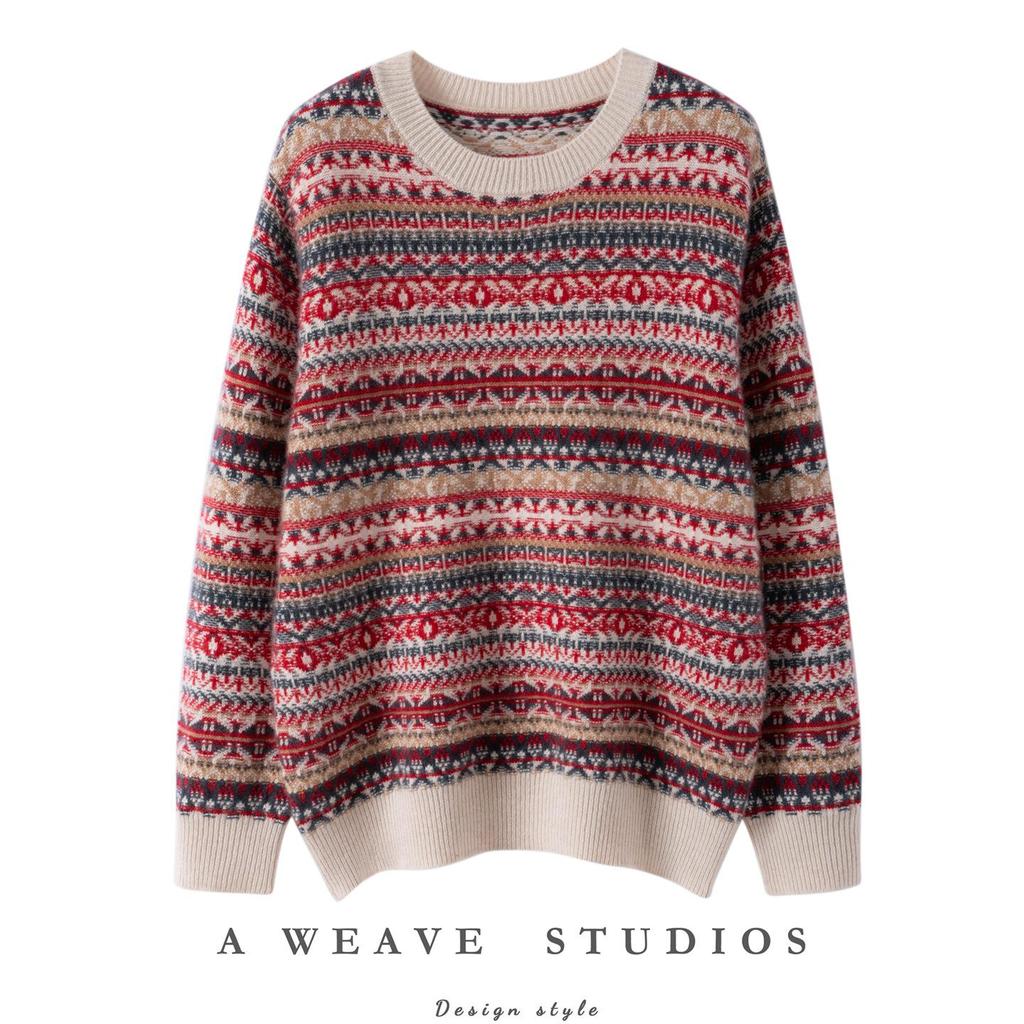 Design-Forward French Cable Knit Cashmere Sweater - Women's Loose Contrast Color Round Neck Knitwear for Autumn/Winter