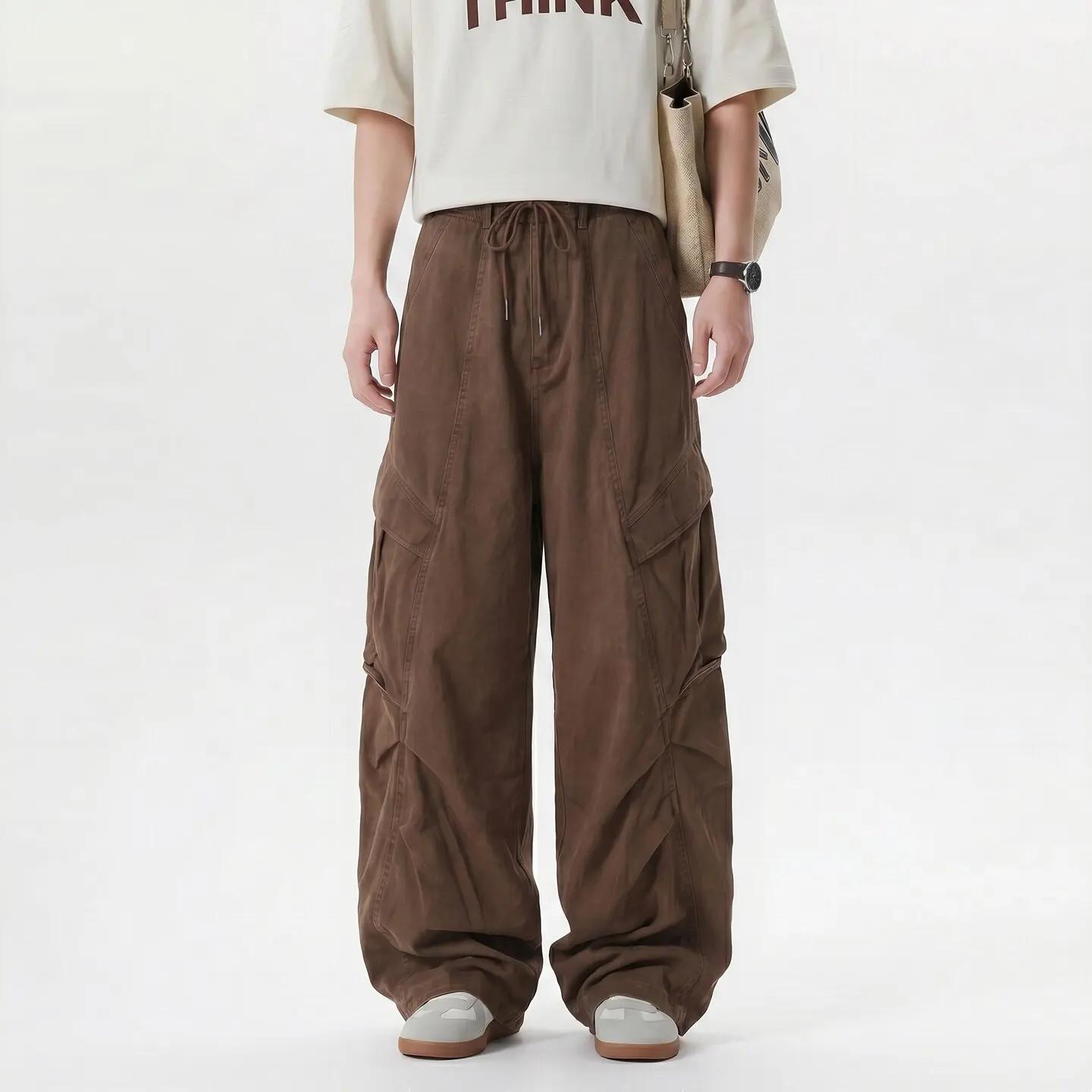 

2026 Spring Summer Men Washed Loose Curved Cargo Pants Men Soild Color Wide Leg Casual Trousers Male Streetwear Baggy Long Pants XL коричневий