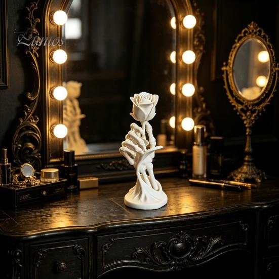 Dark Romantic Figurine Skeleton Hand Holding Rose Ornament, 3D Printed Gothic Aesthetic Exquisite Detailed Art Niche Decor, Stable Base Compact