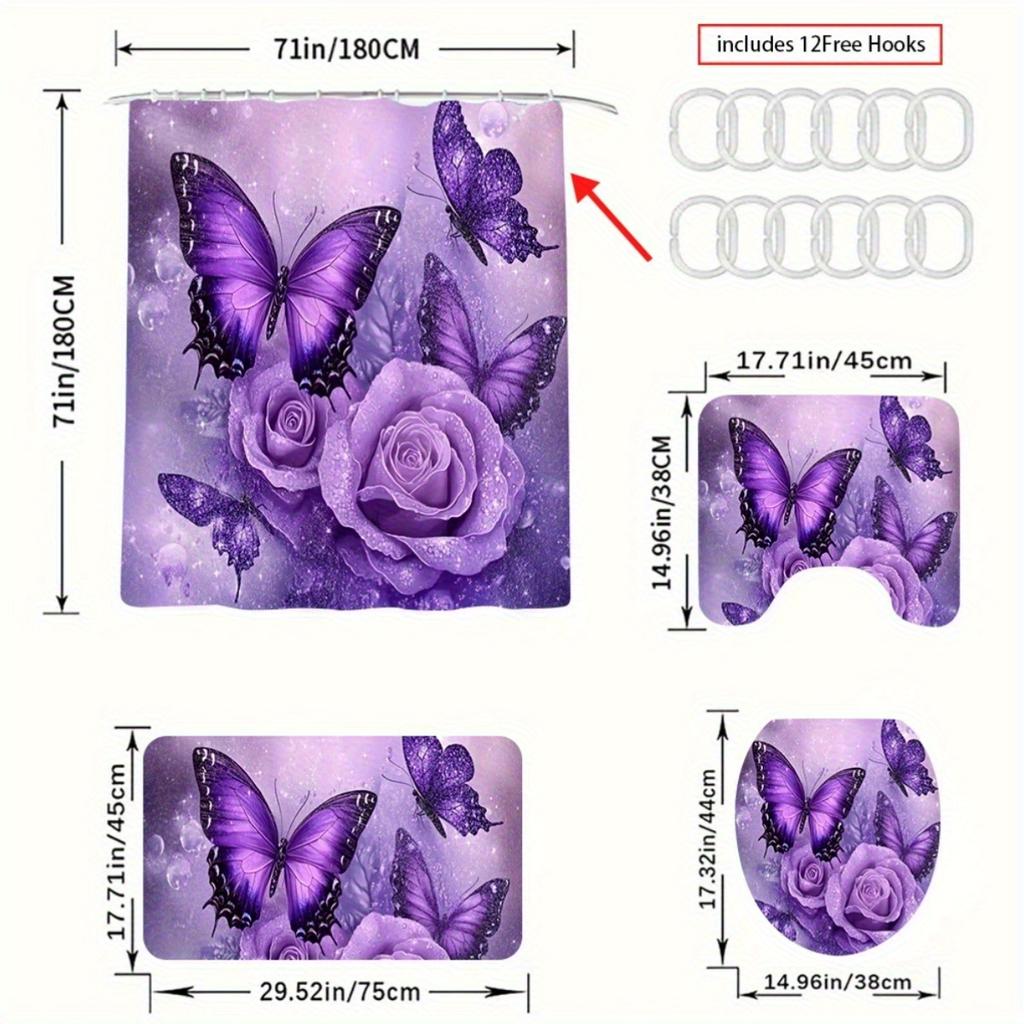 1/4pcs Bathroom Shower Curtain Set Purple Butterfly Bathroom Curtain With 12 Hooks Non Slip Rugs Toilet Cover Mat Bathroom Partition