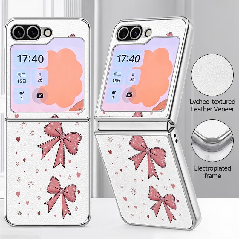 Pink Bowknots Print Case For Samsung Galaxy Z FlIP 7 FE 6 5 Z Flip7 Flip6 Flip5 Luxury Plating PC+PU Leather Hybrid Folding Phone Cover