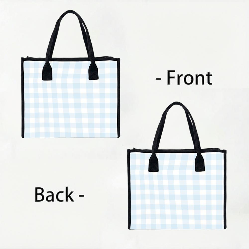Light Blue Gingham Canvas Tote Bag Daily Use Casual Fashion Large Capacity Handbag