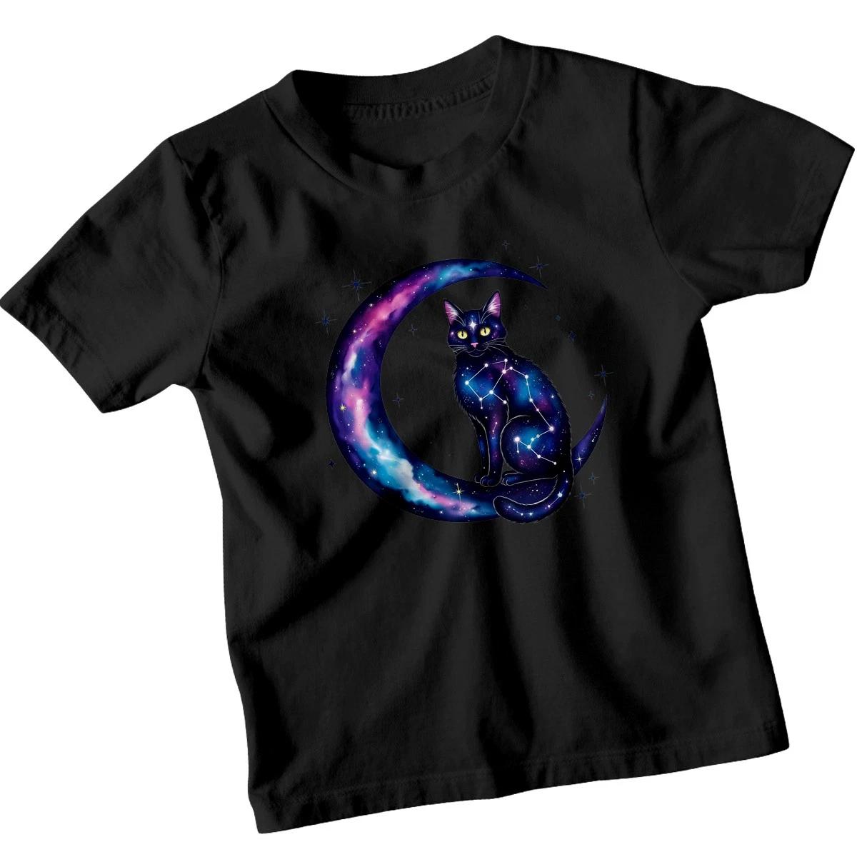 Kids Cat & Moon T-Shirt Boys Girls Magical Stars Space Gift Galaxy Cosmic Tee 4XL