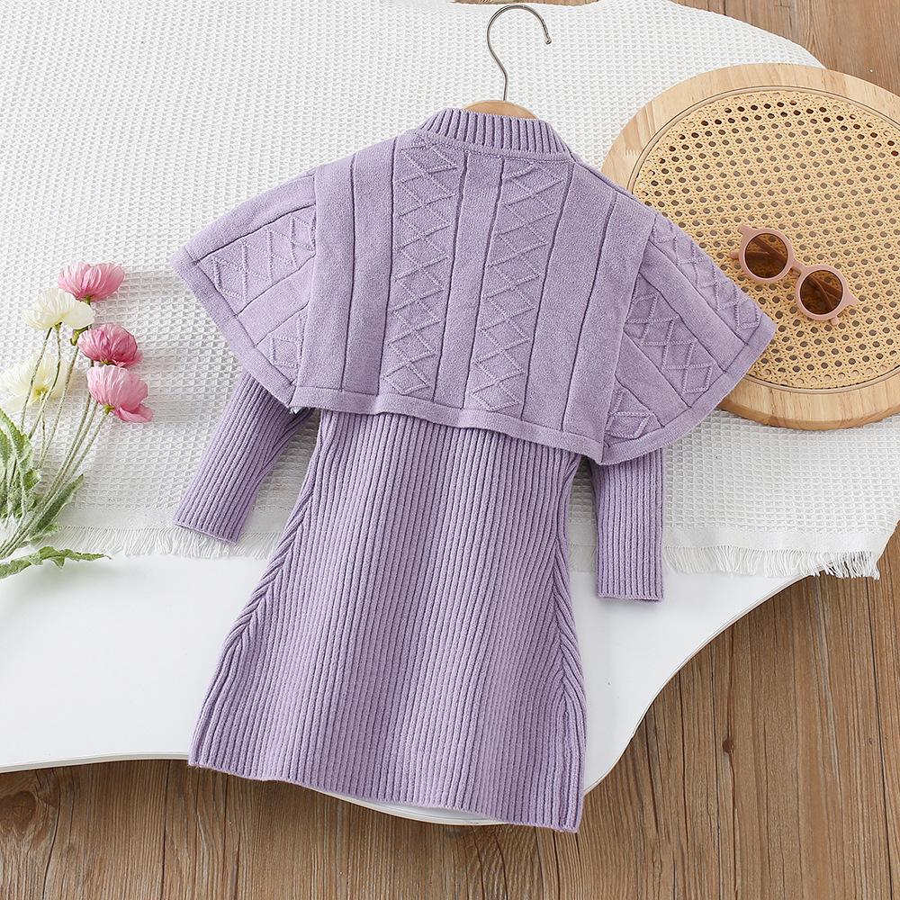 2025 New Autumn Korean Style Cape Knit Dress 2 Piece for Kids Clothing Set Bowknot Long Sleeve Dress Set