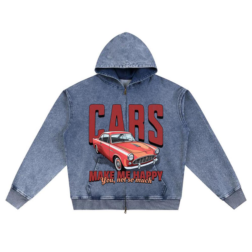 DTG print Knitted Denim Zip-Up Hoodie Cars Make Me Happy Brother Print Zipper Hoodies