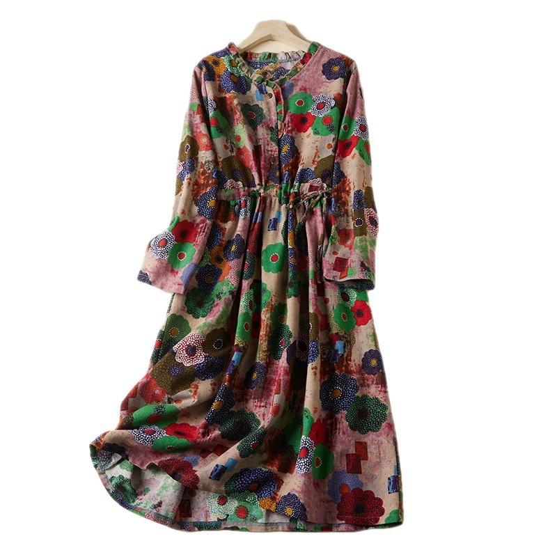 Real Spring New Literary Loose Cotton and Linen Printed Long-sleeved Dress Women's Medium and Long Models