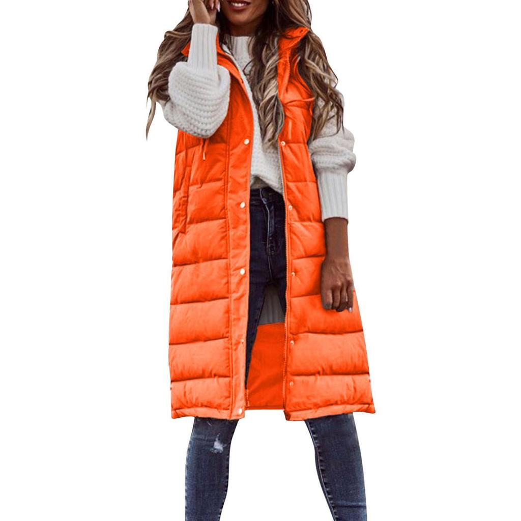 New European & American Fashion: Women's Solid Color Hooded Slim-Fit Sleeveless Mid-Length Cotton Vest