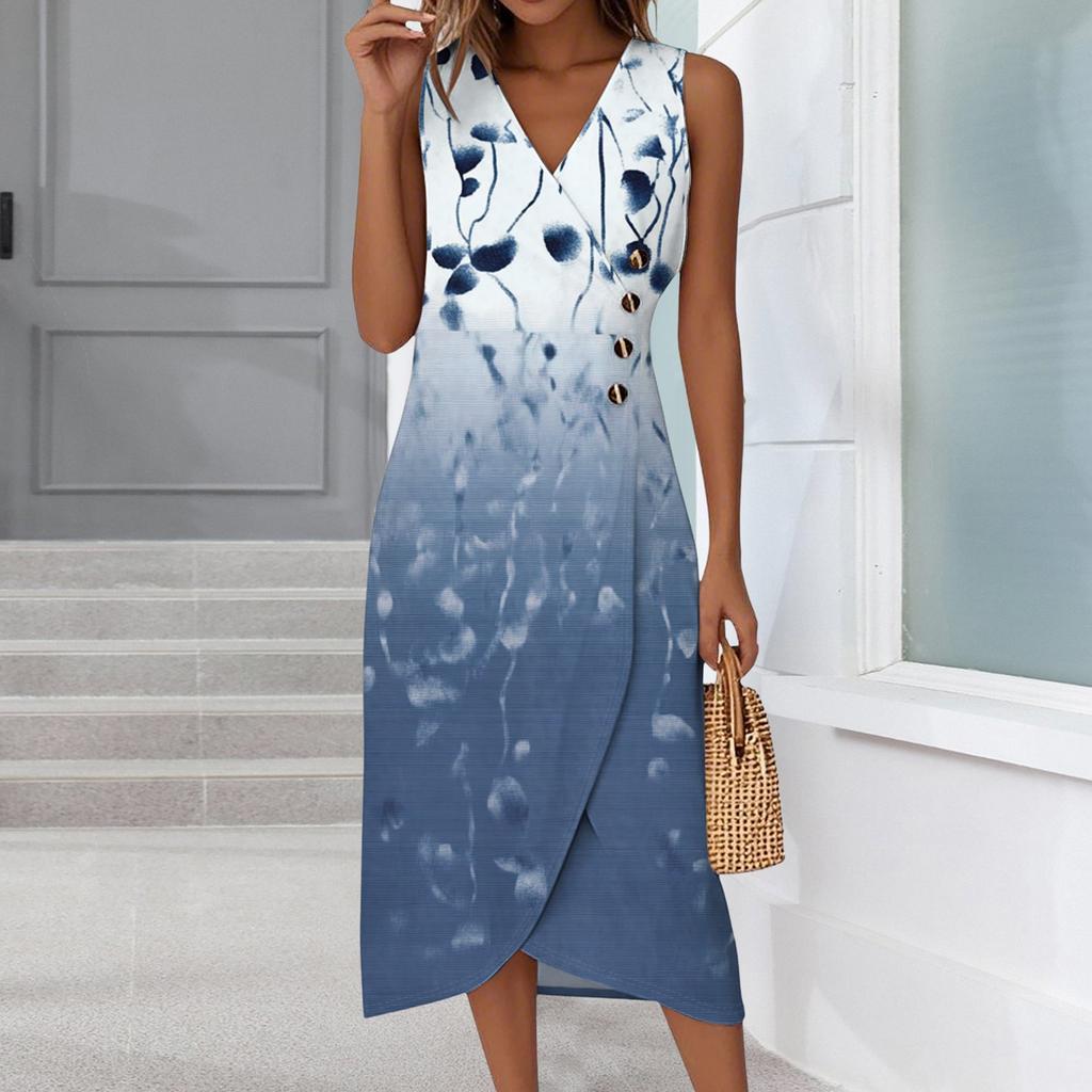 Women's Casual V-Neck Spring/Summer Sleeveless Button Retro Print Dress